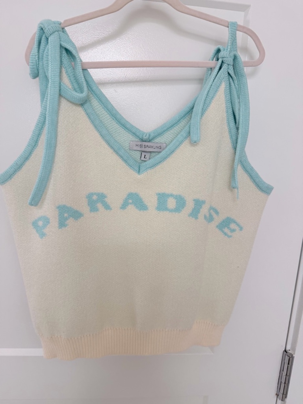 Miss Sparkling 'Paradise' Knit Tie-Shoulder Tank - Cream & aqua.